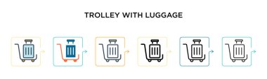 Bagaj vektör ikonlu bir tramvay, 6 farklı modern tarzda. Siyah, iki renkli tramvay, doldurulmuş, ana hatları çizilmiş ve vuruş stiliyle dizayn edilmiş bagaj ikonlarıyla. Vektör illüstrasyonu kullanılabilir 