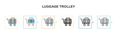 6 farklı modern stilde bavul vektör ikonu. Siyah, iki renkli bagaj vagonu ikonu. Doldurulmuş, ana hatları çizilmiş, çizgi ve çizgi şeklinde dizayn edilmiş. Vektör illüstrasyonu ağ ve mobil için kullanılabilir, 