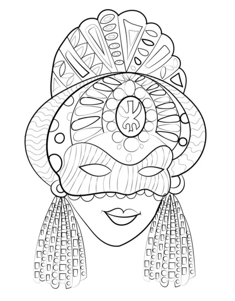 Çocuklar için karnaval maskesinin vektör çizimi ve yetişkin boyama kitabı, kıyafet amblemi. Zentangle biçimlendirilmiş ay ve beyaz arkaplanda izole edilmiş hilal. 