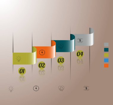 İş verilerinin görselleştirilmesi, bilgi grafikleri. Grafikler, diyagramlar, dikdörtgenler dört aşamalı, sayılar, simgeler, varyantlar, parçalar bükülmüş kullanarak işlem elemanları şeması. Sunum için iş vektörü.