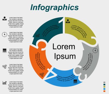 İş verilerinin görselleştirilmesi, bilgi grafikleri. Grafikleri kullanarak işlem elemanlarının şeması, beş aşamada kesilmiş harflerle daire diyagramları, sayılar, soldaki metin, simgeler, varyantlar, parçalar. Sunum için iş vektörü.