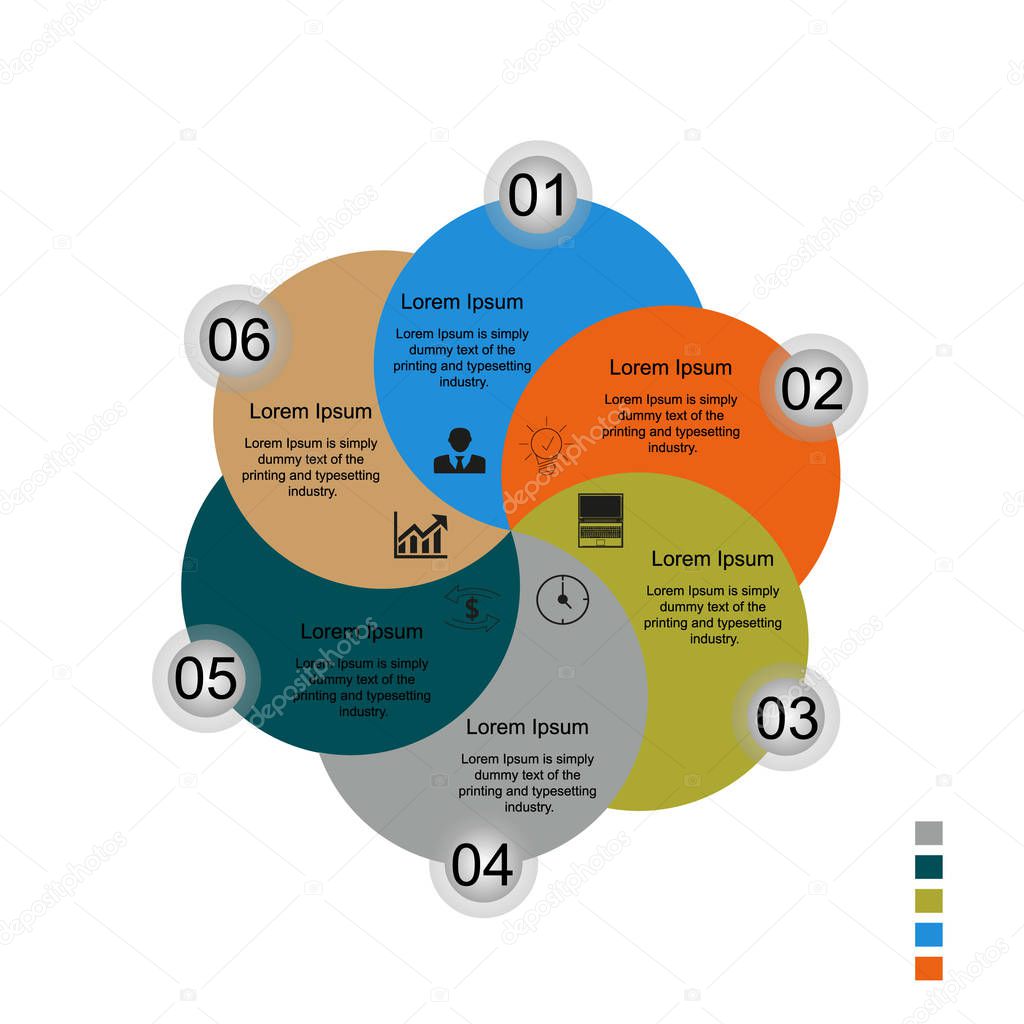 Visualization of business data, infographics. Scheme of process elements using graphs, diagrams on six stages, numbers, icons, text, variants, parts. Business vector for presentation.