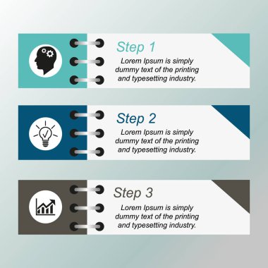 İş verilerinin görselleştirilmesi, bilgi grafikleri. Üç aşamaya, simgelere, metne, varyantlara, parçalara bağlanmış dikdörtgenler kullanarak işlem öğelerinin şeması. Sunum için iş vektörü.