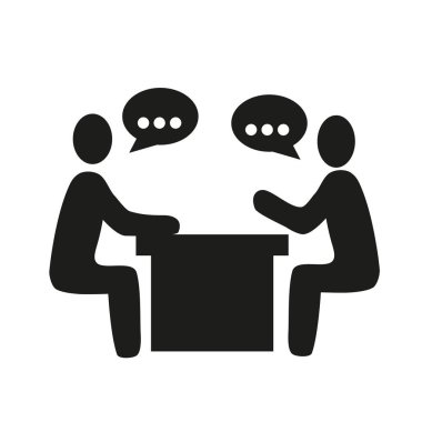Resimde, iki kişi arasındaki görüşmelerin bir simgesi, müzakereler, durumlar, çalışanın başarıları tablosunu görselleştirme. Site, proje, bilgi grafikleri, iş, bilgi alışverişi için simge.