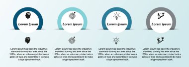 İş verilerinin görselleştirilmesi, bilgi grafikleri. Grafikler, diyagramlar, dört adımda daireler, simgeler, türevleri, parçalar, metin kullanarak işlem öğeleri şeması. Sunum için iş vektörü.