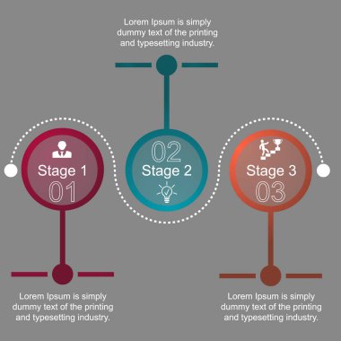 İş verilerinin görselleştirilmesi, bilgi grafikleri. Grafikler, diyagramlar, üç adımda daireler, sayılar, simgeler, varyantlar, parçalar kullanarak işlem elemanları şeması. Sunum için iş vektörü.