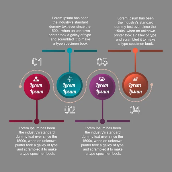 İş verilerinin görselleştirilmesi, bilgi grafikleri. Grafikler, diyagramlar, daireler dört adım, sayılar, simgeler, metin, varyantlar, parçalar kullanarak işlem öğeleri şeması. Sunum için iş vektörü.