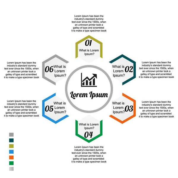 İş verilerinin, infografiklerin görselleştirilmesi. Grafik kullanarak süreç elemanları şeması, altı adımda altıgenler çizelgeleri, Infographics, simgeler, metin, sayılar, türevleri, parçalar. Sunum için iş vektörü.