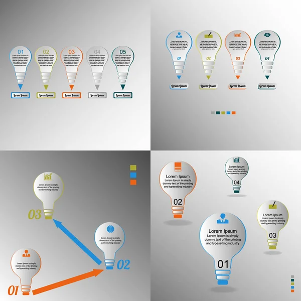 ビジネス データ インフォグラフィックスの視覚化 グラフ 電球を使用したプロセス要素のスキームは 4種類のインフォグラフィック アイコン テキスト バリアント 部品を組み合わせたものです — ストックベクタ
