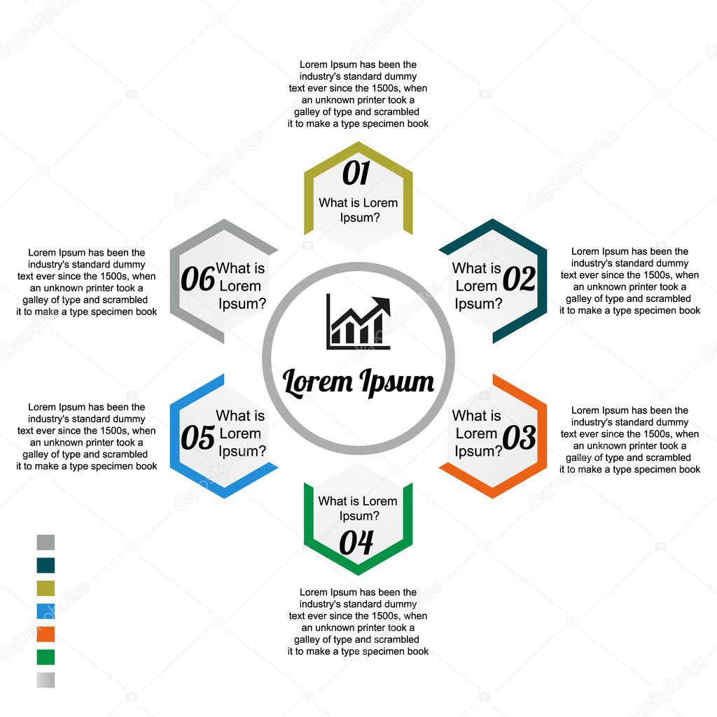 Visualization of business data, infographics. Scheme of process elements using graphs, charts of hexagons in six steps, infographics, icons, text, numbers, variants, parts. Business vector for presentation.