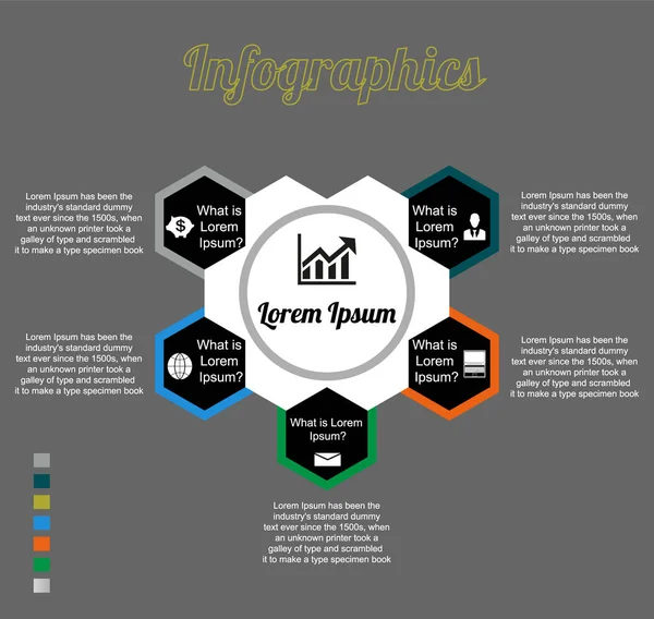 İş verilerinin, infografiklerin görselleştirilmesi. Grafik kullanarak süreç elemanları şeması, beş aşama için altıgen diyagramları, sayılar, türevleri, simgeler, metin, parçalar. Sunum için iş vektörü.