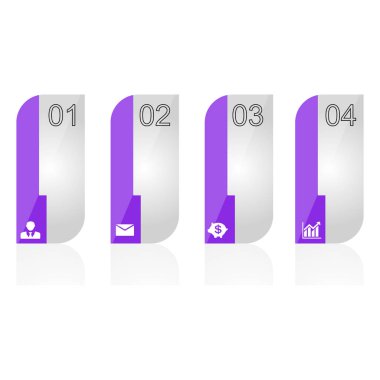 Şekil, iki yuvarlatılmış köşelerle dört mor dikdörtgenler şeklinde bir infografiktir. İş simgeleri ve numaraları ile Infographics. Sunum, proje, iş için Infographics.
