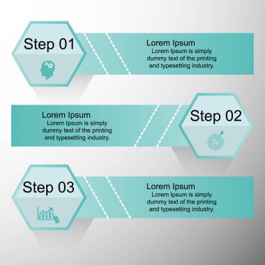 İş verilerinin, infografiklerin görselleştirilmesi. Üç aşama, aşamaları, sayılar, simgeler, türevleri, parçalar içine grafikler, dikdörtgenler ve altıgenler diyagramları kullanarak proses elemanları şeması. Sunum için iş vektörü.