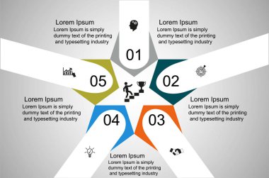 Resimde beşgenler ve çizgiler, sayılar, metin tasarımı bir örnek olarak simgeler bir infografik olduğunu. Çemberin ortasında zafere yükselen bir adamın simgesi var. İş için bilgi grafikleri, proje.