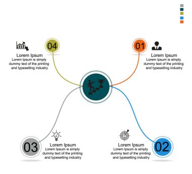 İş verisi görselleştirme, bilgi grafikleri. Grafik yardımı ile elemanların süreci şeması, dört aşamalı çizgiler, sayılar, simgeler, metin, varyantlar, parçalar ile dairelerin diyagramları. Sunum için iş vektörü