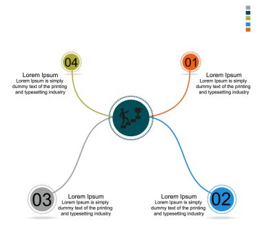 İş verisi görselleştirme, bilgi grafikleri. Grafik, dört aşamada daire ve çizgilerin diyagramları, sayılar, varyantlar, parçalar yardımıyla elemanların süreci şeması. Sunum için iş vektörü.
