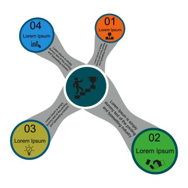 İş verisi görselleştirme, bilgi grafikleri. Grafik, diyagramlar daireler ve çizim içinde metin ile eğri dikdörtgenler, dört adım, sayılar, varyantlar, parçalar yardımıyla elemanların süreci şeması. Sunum için iş vektörü.