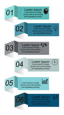 İş verisi görselleştirme, bilgi grafikleri. Grafik yardımı ile elemanların süreci şeması, altı aşamada eğri dikdörtgenler diyagramları, sayılar, türevleri, simgeler, metin, parçalar. Sunum için iş vektörü.