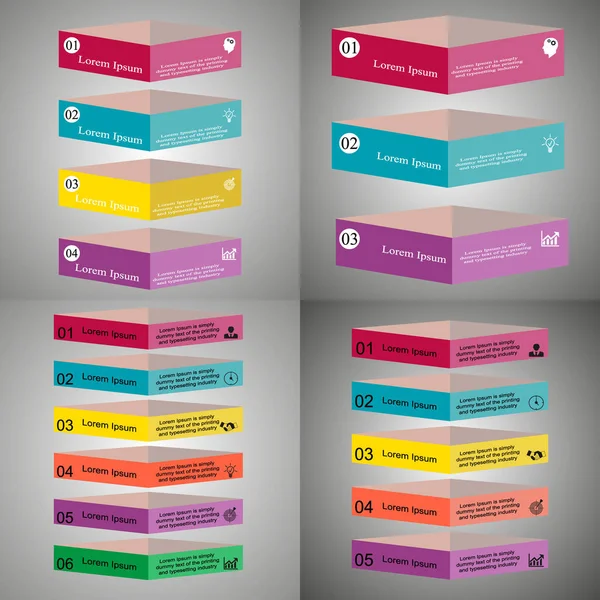 İş verisi görselleştirme, bilgi grafikleri. Grafik yardımı ile elemanların süreci şeması, üç, dört, beş, altı aşamada, sayılar, varyantlar, simgeler, metin, parçalar 3b nesnelerin diyagramları. Sunum için iş vektörü.