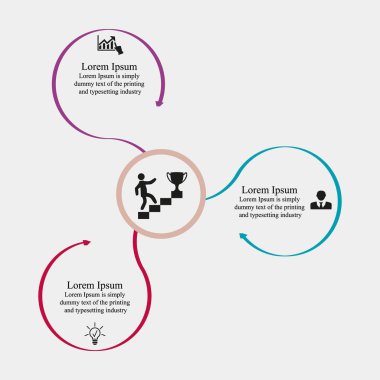 İş verisi görselleştirme, bilgi grafikleri. Grafik yardımı ile elemanların süreci şeması, dairelerin diyagramları, daireler, simgeler, sayılar, türevleri, parçalar içinde metin ile üç aşamada, oklar ile kesilir