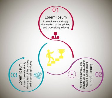 İş verisi görselleştirme, bilgi grafikleri. Grafik yardımı ile elemanların süreci şeması, dairelerin diyagramları, daireler, simgeler, sayılar, türevleri, parçalar içinde metin ile üç aşamada, oklar ile kesilir