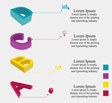 İş verisi görselleştirme, bilgi grafikleri. Grafik yardımı ile elemanların süreci şeması, metin, simgeler, türevleri, parçaları ile soldaki 3d harfidiyagramları. Sunum için iş vektörü.