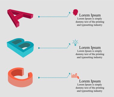 İş verisi görselleştirme, bilgi grafikleri. Grafik yardımı ile elemanların süreci şeması, metin, simgeler, sayılar, varyantlar, parçalar ile 3d harflerin diyagramları. Sunum için iş vektörü