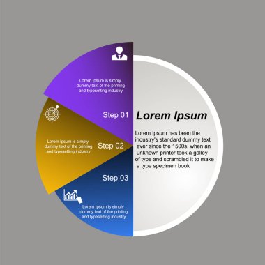 İş verisi görselleştirme, bilgi grafikleri. Grafik, diyagramlar, üç aşamada infographics, simgeler, metin, sayılar, türevleri, parçalar yardımıyla elemanların süreci şeması. Sunum için iş vektörü
