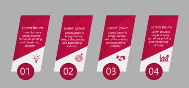 İş verisi görselleştirme, bilgi grafikleri. Grafik yardımı ile elemanların süreci şeması, dikdörtgenler mor dört aşamalı diyagramları, sayılar, metin, varyantlar, parçalar. Sunum için iş vektörü.