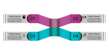 İş verileri görselleştirme, bilgi grafikleri. Dört aşamalı grafik, diyagram, sayılar, seçenekler, bölümler kullanarak elementlerin sürecinin şeması. Sunum için iş vektörü.