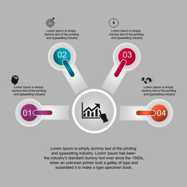 İş verileri görselleştirme, bilgi grafikleri. Elementlerin süreç şeması, grafiklerin yardımıyla, dört aşamada daireler, sayılar, varyantlar, parçalar halinde diyagramlar. Sunum için iş vektörü