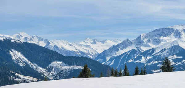 阿尔卑斯的冬天全景 之间的全景与草地覆盖的雪和后面的山脉 — 图库照片