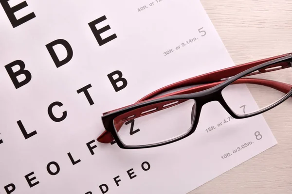 眼睛修订的概念与表与字母和矫正眼镜 顶部视图 水平组合 — 图库照片