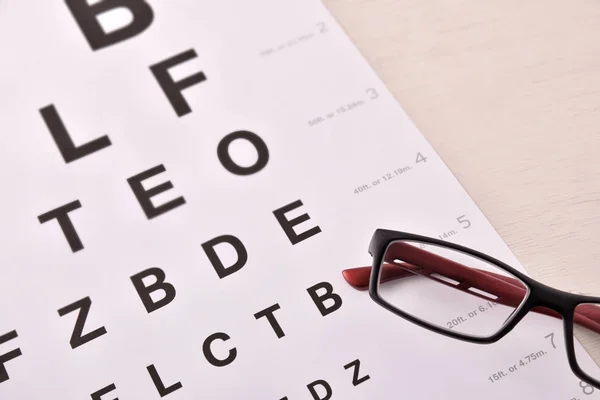 眼睛修订的概念与表与字母和矫正眼镜 顶部视图 水平组合 — 图库照片