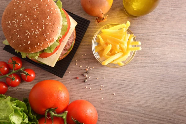 Hamburguesa Casera Ingredientes Para Preparación Mesa Madera Vista Superior Composición —  Fotos de Stock