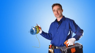 Background with uniformed electrician with tools and electrical equipment and blue background. Front view. Half body clipart