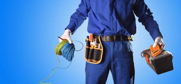 Background Uniformed Electrician Tools Electrical Equipment Blue Background Front View — Stock Photo, Image