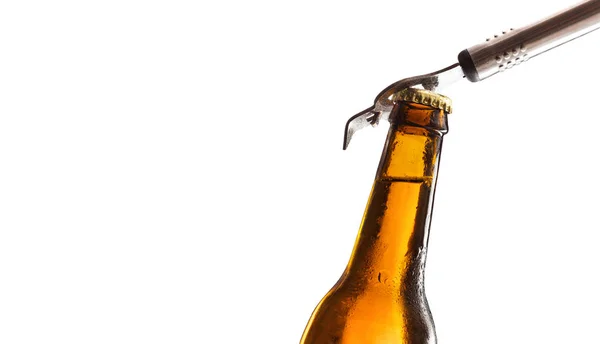 Beer bottle neck closed with bottle opener on top — Stock Photo, Image