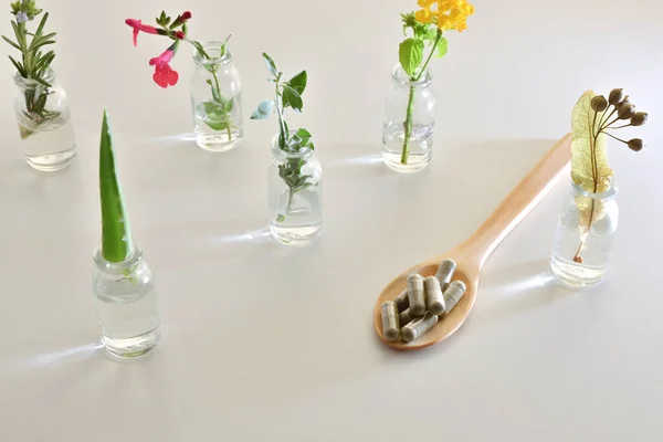 Kapseln und Ampullen mit Pflanzen innerhalb des Konzepts der Naturmedizin e — Stockfoto