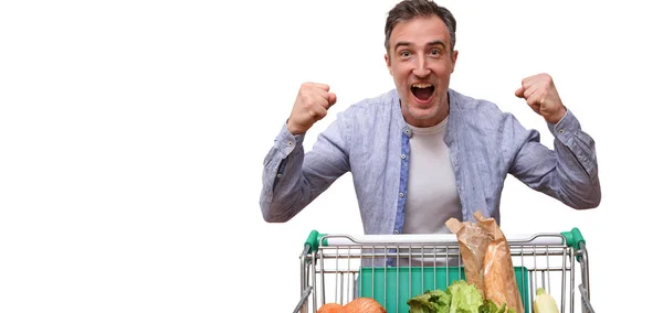 Feliz Cliente Del Supermercado Levantando Las Manos Con Los Puños — Foto de Stock
