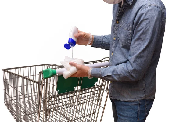 Supermercado Consumidor Limpeza Carrinho Compras Com Desinfetante Gel Hidroalcoólico Antes — Fotografia de Stock