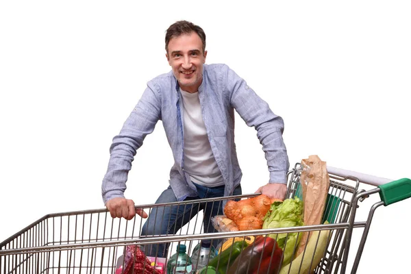 Hombre Sonriente Cliente Del Supermercado Mirando Hacia Adelante Atrapado Detrás — Foto de Stock