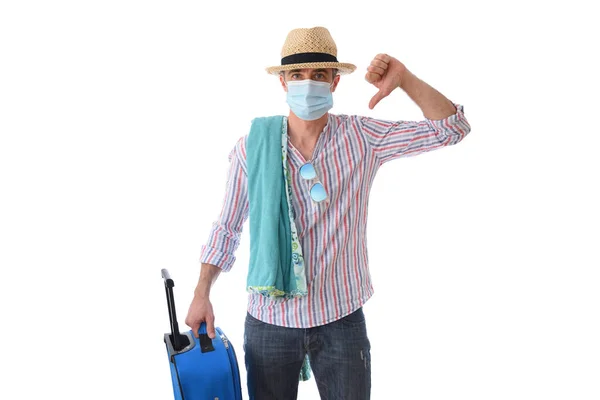 Hombre Preparado Para Vacaciones Con Pulgar Hacia Abajo Protegido Con — Foto de Stock