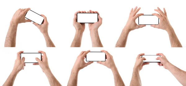 マルチメディアのための携帯電話を拾うか 隔離された白い背景で遊ぶ2つの手のセット — ストック写真