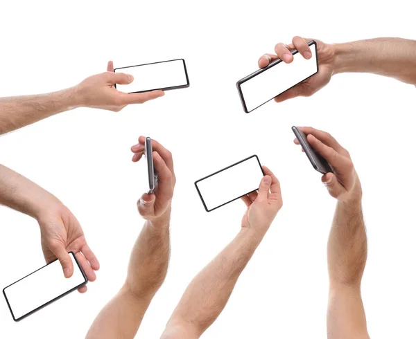 Conjunto Mãos Pegando Telefone Celular Várias Maneiras Branco Isolado Fundo — Fotografia de Stock