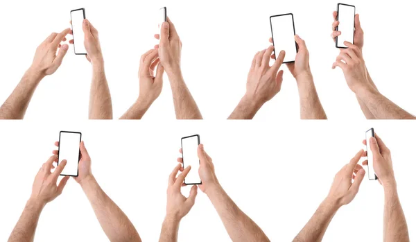 Conjunto Várias Vistas Homem Caucasiano Interagindo Telefone Com Duas Mãos — Fotografia de Stock
