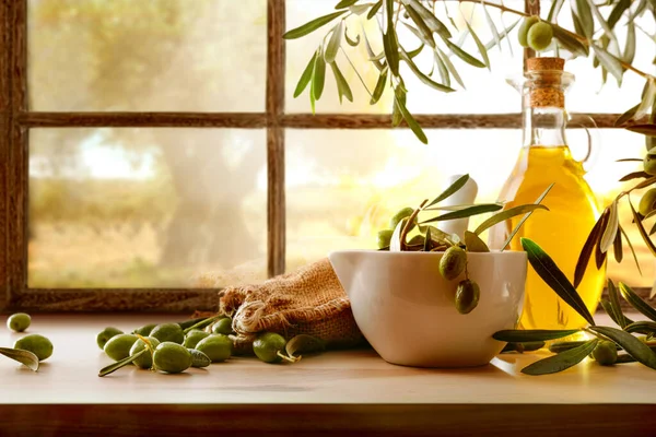 Natural Olive Oil Organic Harvest Wooden Table Front Window Rural — Stock Photo, Image