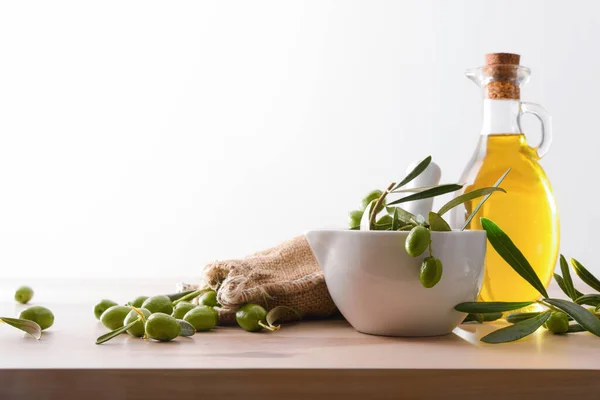 Preparazione Semi Olio Oliva Vetro Cura Del Corpo Culinaria Tavola — Foto Stock