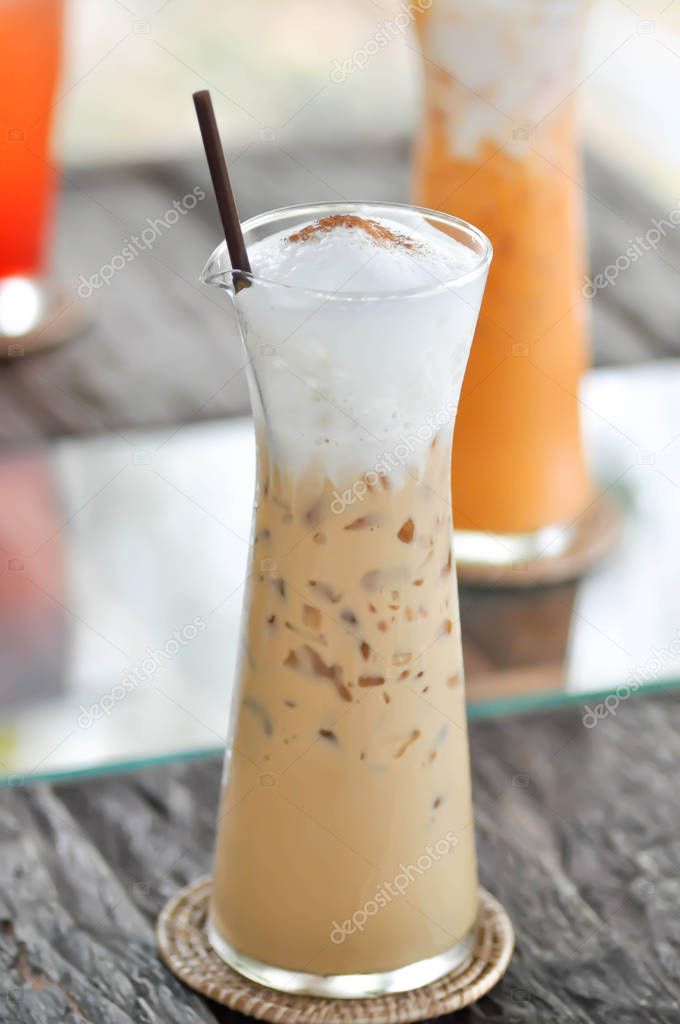 cappuccino or latte or iced coffee on the table