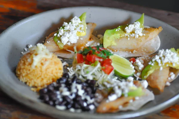 Blackened Fish Tacos Avocado Cheese — Stock Photo, Image